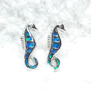 Seahorse blue fire opal Sterling Silver Stud Earrings