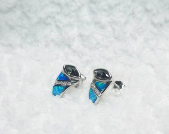 Blue fire opal CZ rectangle designed with trillion mystic topaz sterling silver stud earrings
