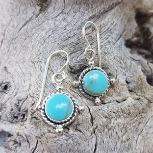 Southwest round 8mm Kingman Turquoise sterling silver dangle earrings