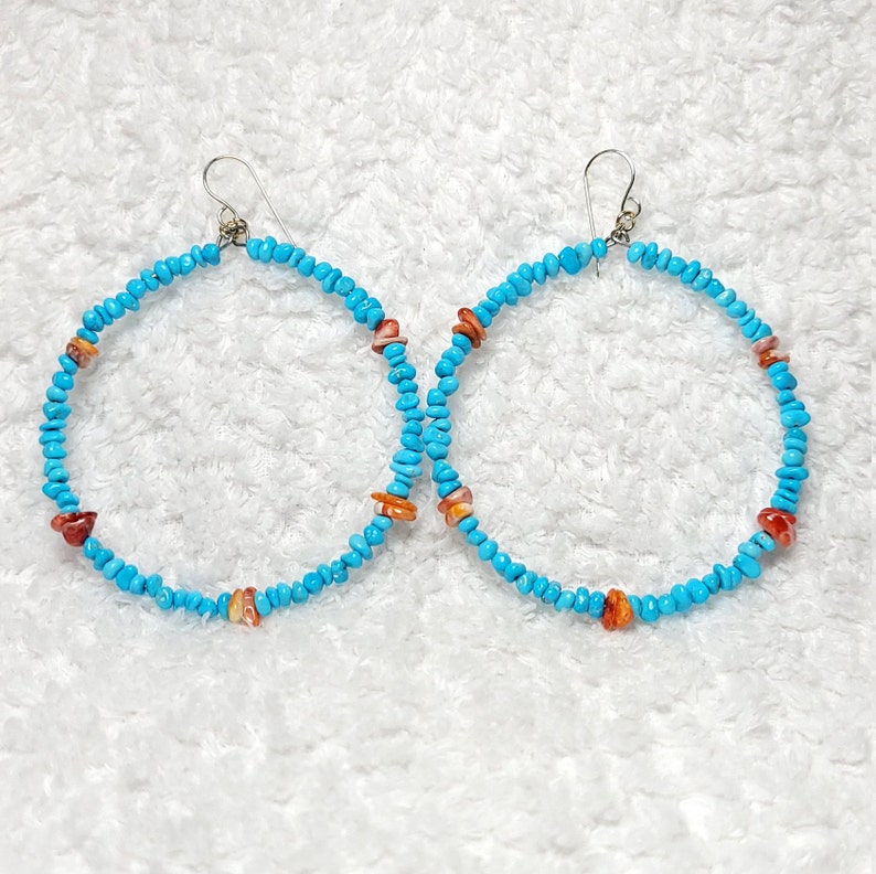 Spiny Oyster and Sleeping Beauty Turquoise Hoop Dangle Earrings