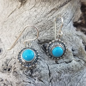 Southwest Round 8mm Kingman Turquoise sterling silver dangle earrings