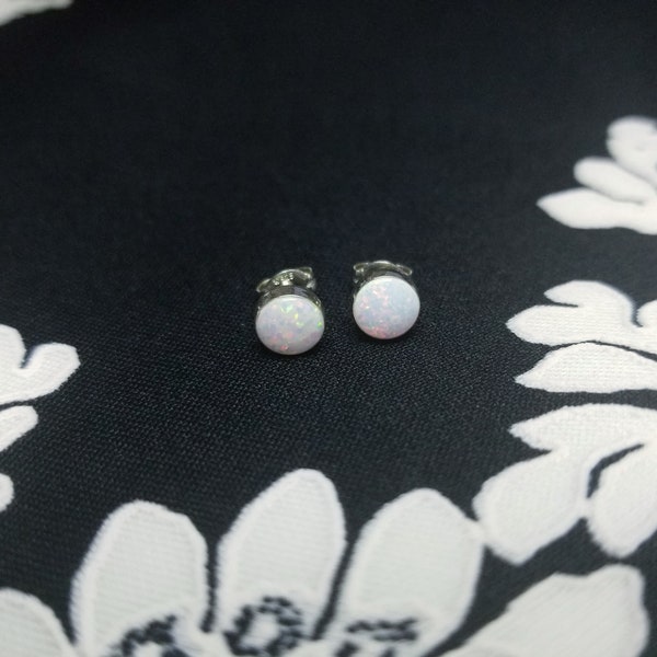 6 mm round white fire opal designed sterling silver stud earrings