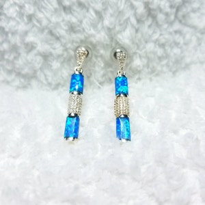 Double Rectangular Blue Fire Opals Sterling Silver Stud Earrings