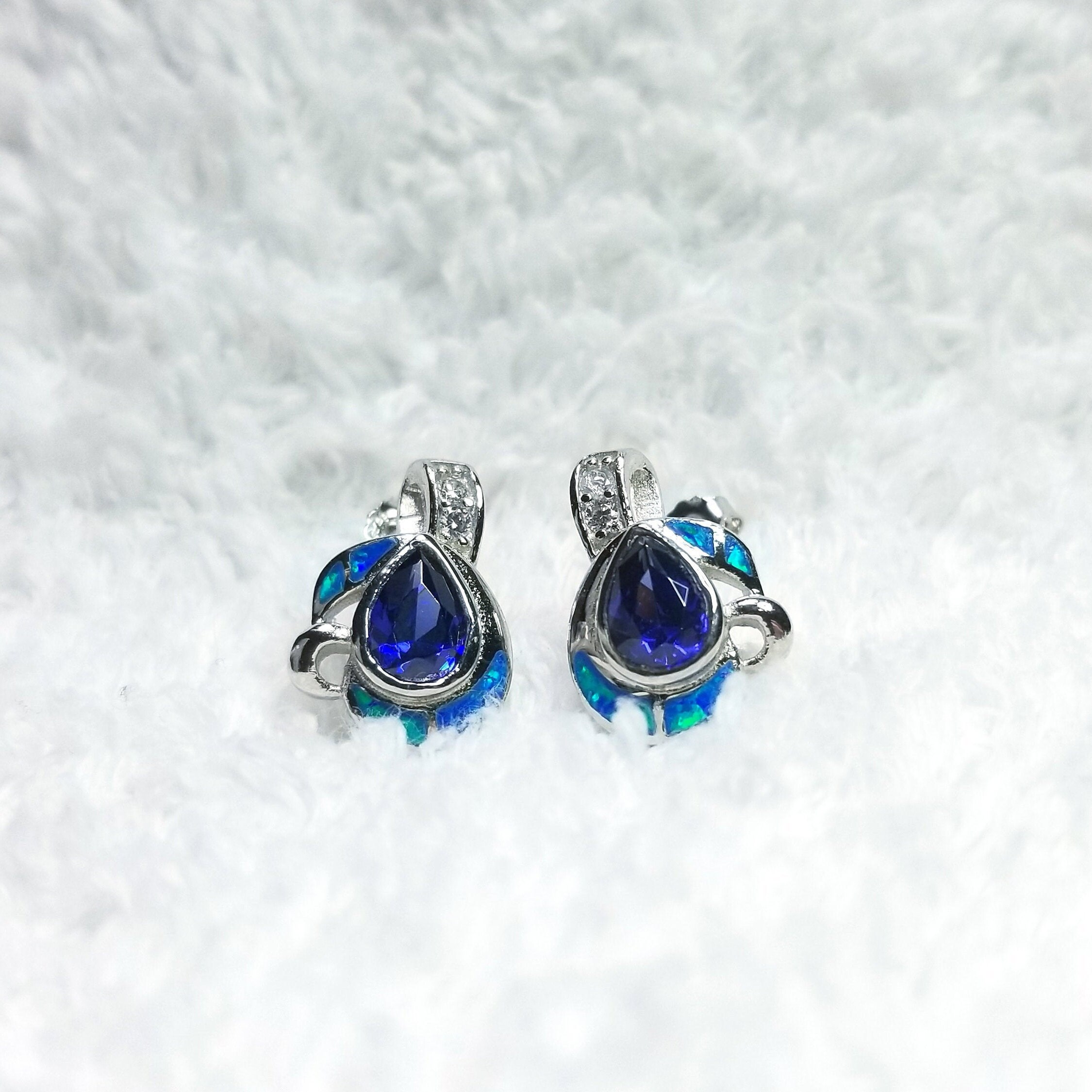 Ocean Blue Fire Opal Drop Earrings - Lab-Created, Silver Filled, Dangle Style