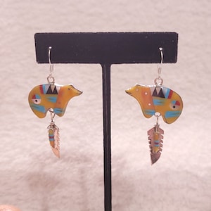 Micro Inlay Bear Designed Sterling Silver Dangle Earrings