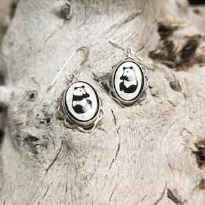 Panda Inlay schwarz und weiß Onyx Edelstein Sterling Silber Baumleger Ohrringe