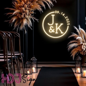 Custom Initials Name With Date Neon Sign,Minimalist Wedding Initials Round Shape LED Sign,Last Name Sign,Wedding Party Backdrop,Wedding Gift
