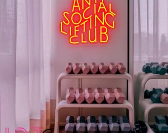 Insegna al neon "Anti Social Lifting Club", decorazione personalizzata per palestra