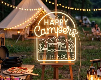 Happy Campers Neon Sign, Custom Camper Name LED Light, Family Name Campsite Sign, Camper Cabin Sign, Outdoor RV Camper Decor, Camping Gifts