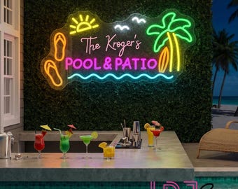 Custom Poolside Patio Neon Sign, Waterproof Poolside Family Name LED Neon Light, Pool Bar Beach Bar Wall Decor, Backyard Palm Tree Surf Sign