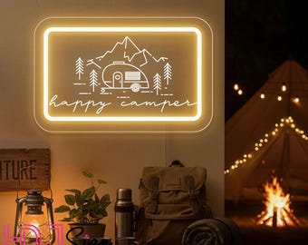 Happy Camper Neon Sign, Custom Camping LED Neon Light, UV Printing Sign, Campsite Decor, Camper Cabin Sign, RV Camper Decor, Camping Gifts