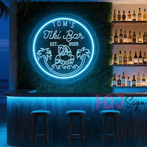 Placa de neon com nome personalizado para Tiki Bar, placa gravada em 3D via USB, placa de papagaio, placa de LED Palmtree Tiki Bar, placa de bar de praia, decoração de pub Man Cave, presente para pai