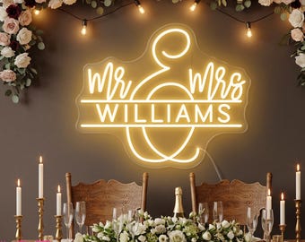 Personalized Mr & Mrs Wedding Name Neon Sign, Wedding Family Name Neon Light, Wedding Party Grass Wall Decor, Last Name Sign, Wedding Gifts