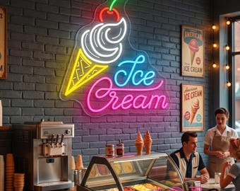 Ice Cream Neon Sign, Custom Ice Cream Cone LED Neon Light, Ice Cream Shop Dessert Shop Gelato Bar Wall Decor, Business Open Sign