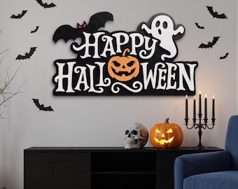 Happy Halloween Wooden Sign with Ghost Bat Pumpkin, Fall Spooky Season Decor , Halloween Party Home Decoration, Halloween Gift