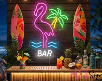 Tropical Flamingo Palm Tree Neon Sign, Custom Bar LED Light, Flamingo Bar Sign Decor, Tiki Bar Decor, Summer Beach Bar Decor, Gift For Him