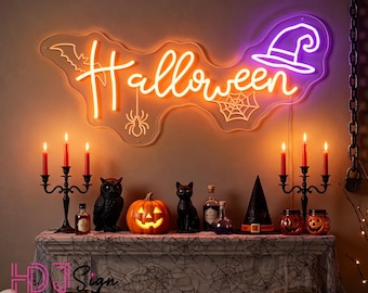 Halloween Neon Sign With Witch Hat, Custom Bat Spiderweb LED Neon Light, Halloween Home Decor, Spooky Halloween Party Sign, Halloween Gift