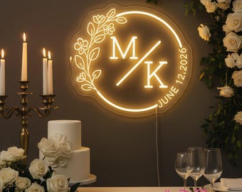 Custom Initials Name With Date Neon Sign, Minimalist Wedding Initials LED Light, Wedding Engagement Party Floral Wall Backdrop, Wedding Gift