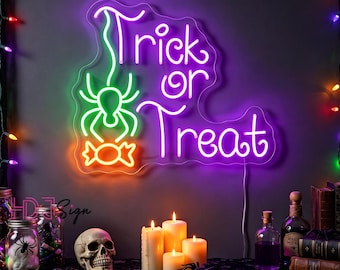 Trick Or Treat Neon Sign With Spider & Candy, Custom Halloween LED Neon Light, Spooky Halloween Party Home Wall Decor Sign, Halloween Gift