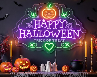 Happy Halloween Neon Sign, Custom Pumpkin Spider Web LED Neon Light, Halloween Home Porch Decor, Spooky Halloween Party Sign, Trick or Treat