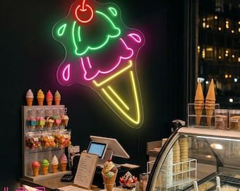 Ice Cream Neon Sign, Custom Ice Cream Cone LED Neon Light, Ice Cream Shop Dessert Shop Gelato Bar Wall Decor, Business Open Welcome Sign