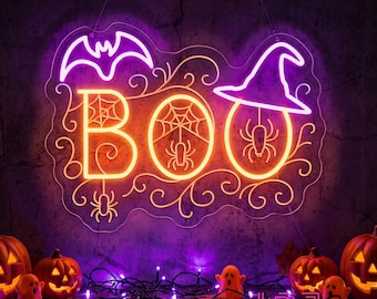 BOO Halloween Neon Sign With Witch Hat, Custom Bat Spiderweb LED Neon Light, Spooky Halloween Party Home Wall Decor Sign, Halloween Gift