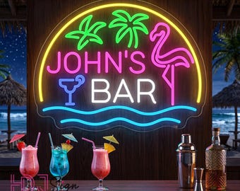 Custom Flamingo Bar Name Neon Sign, LED Sign For Home Bar Pub, Flamingo Bar Sign Decor, Tropical Pool Bar Beach Bar Wall Decor, Gift For Him