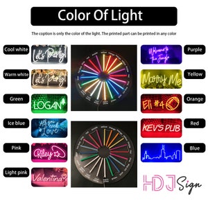 May include: A color chart showing different neon sign colors. The colors include cool white, warm white, green, ice blue, pink, light pink, purple, yellow, orange, red, and blue. The chart is surrounded by examples of neon signs with different text and designs.
