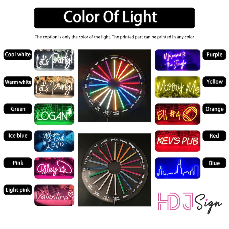 May include: A color chart showing different neon sign colors. The colors include cool white, warm white, green, ice blue, pink, light pink, purple, yellow, orange, red, and blue. The chart is surrounded by examples of neon signs with different text and designs.