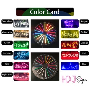 May include: Color card showing different neon sign colors. The colors are arranged in a circle with the names of the colors listed below. The colors include cool white, warm white, green, ice blue, pink, light pink, purple, yellow, orange, red, and blue.