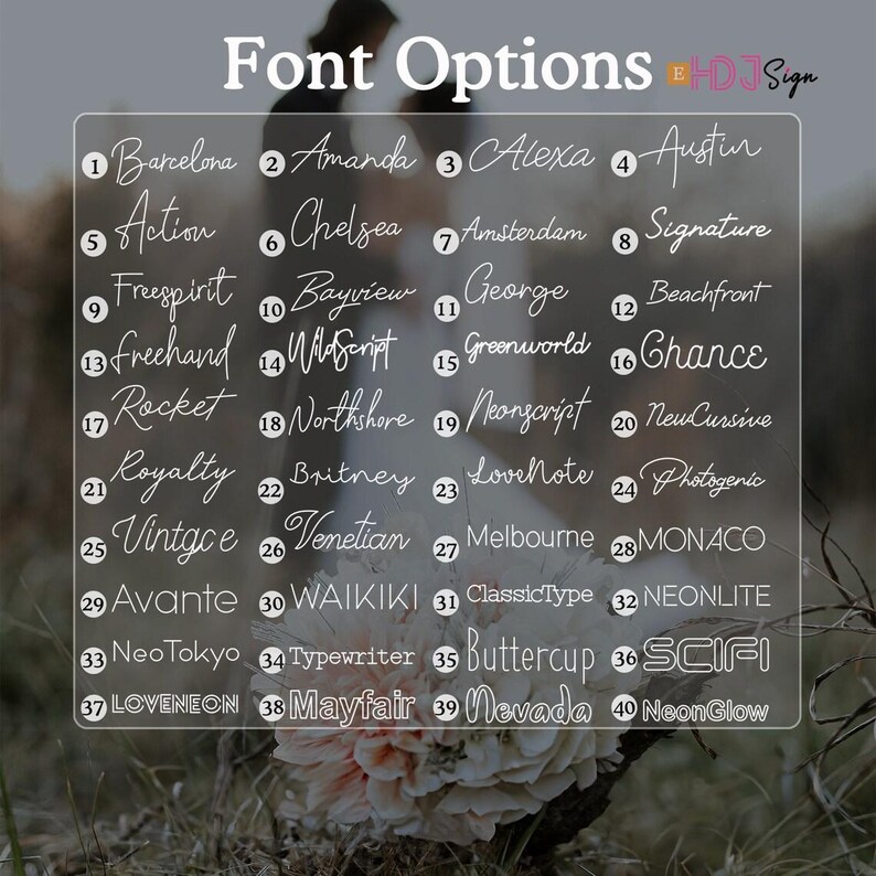May include: A chart with 40 different font names, numbered 1 through 40. The font names are written in the corresponding font style. The chart is on a white background with a light gray border.