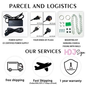 May include: A black power supply with a CE certification, four different types of plugs, a chain and nails for mounting, a truck, an airplane, and a 1 year warranty badge.  The text "PARCEL AND LOGISTICS" is at the top of the image. The text "OUR SERVICES HDJ Sign" is in the middle of the image. The text "free shipping", "Fast Shipping (Fedex/DHL/UPS 3-15days arrived)", and "1 year warranty" are at the bottom of the image.