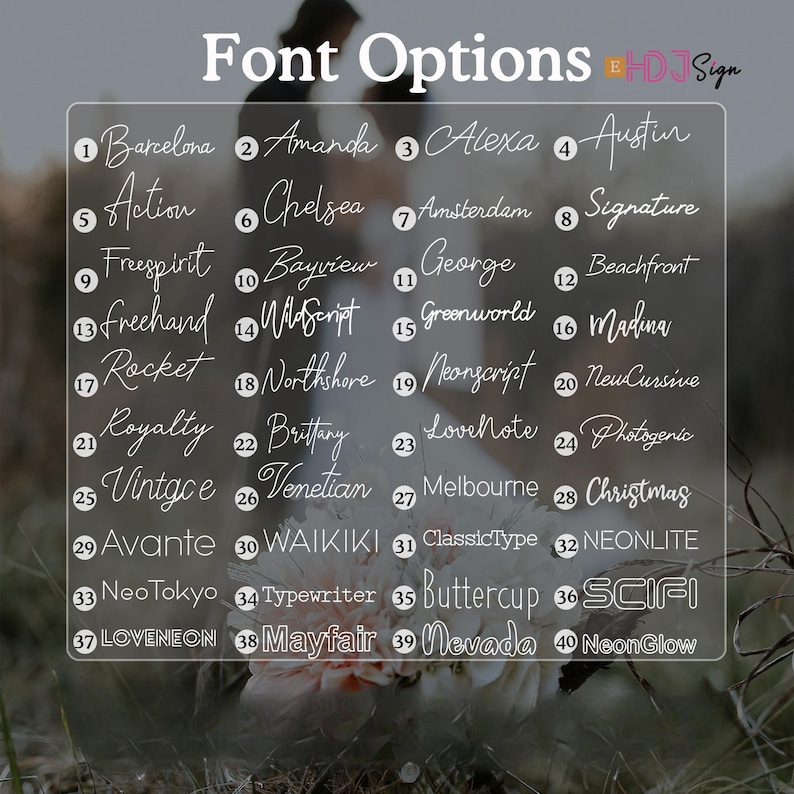 May include: A white chart with a list of 40 different font names. The font names are written in different styles, including script, sans serif, and serif. The chart is labeled "Font Options" at the top.