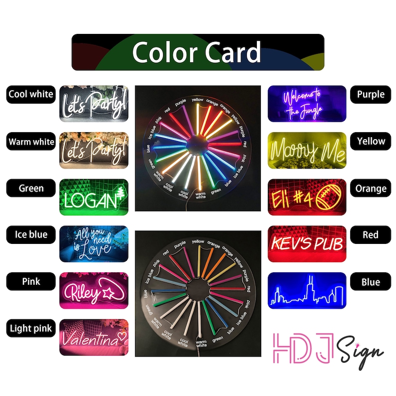 May include: Color card showing different neon sign colors. The colors are arranged in a circle with the names of the colors listed below. The colors include cool white, warm white, green, ice blue, pink, light pink, purple, yellow, orange, red, and blue.