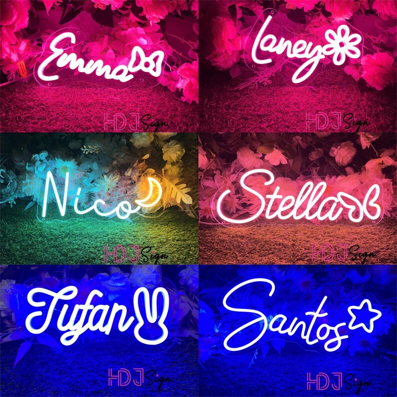 Op de afbeelding: Zes neonborden met verschillende namen en ontwerpen. De namen zijn Emma, Laney, Nico, Stellar, Tyfan en Santos. Elk bord heeft een andere achtergrondkleur en een ander ontwerpelement. De borden zijn allemaal in wit neon.