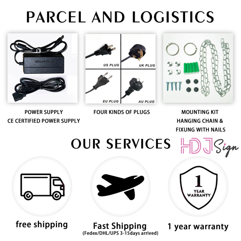 May include: Parcel and Logistics services offered by HDJ Sign.  The image shows a power supply, four types of plugs, a mounting kit with a chain and nails, a delivery truck, an airplane, and a 1 year warranty badge.