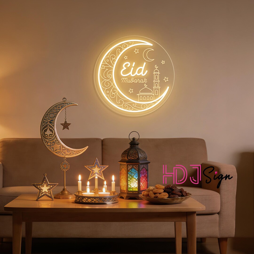 Eid Mubarak Mosque Crescent Moon Neon Sign, Custom Ramadan Mubarak ...
