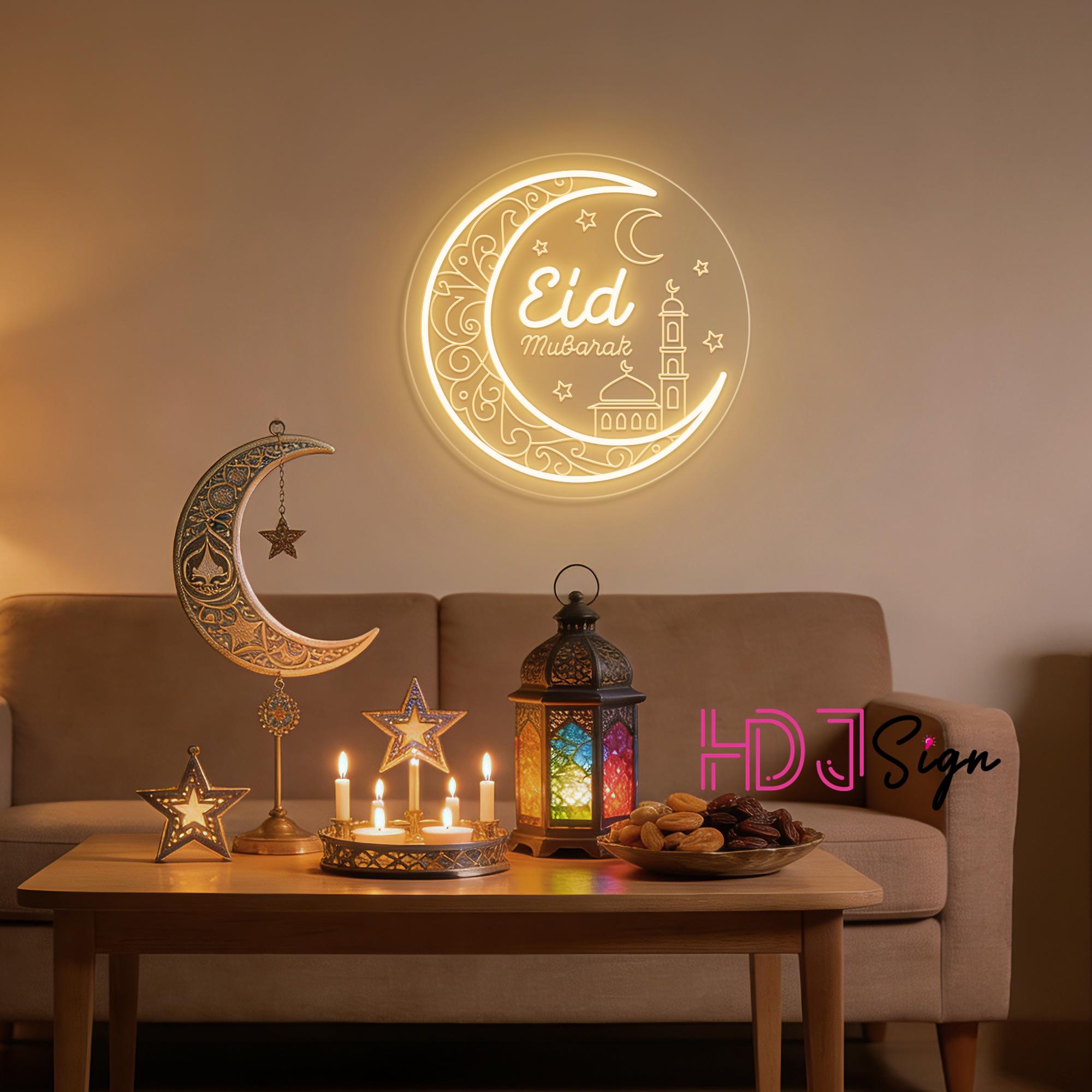 Eid Mubarak Mosque Crescent Moon Neon Sign, Custom Ramadan Mubarak ...