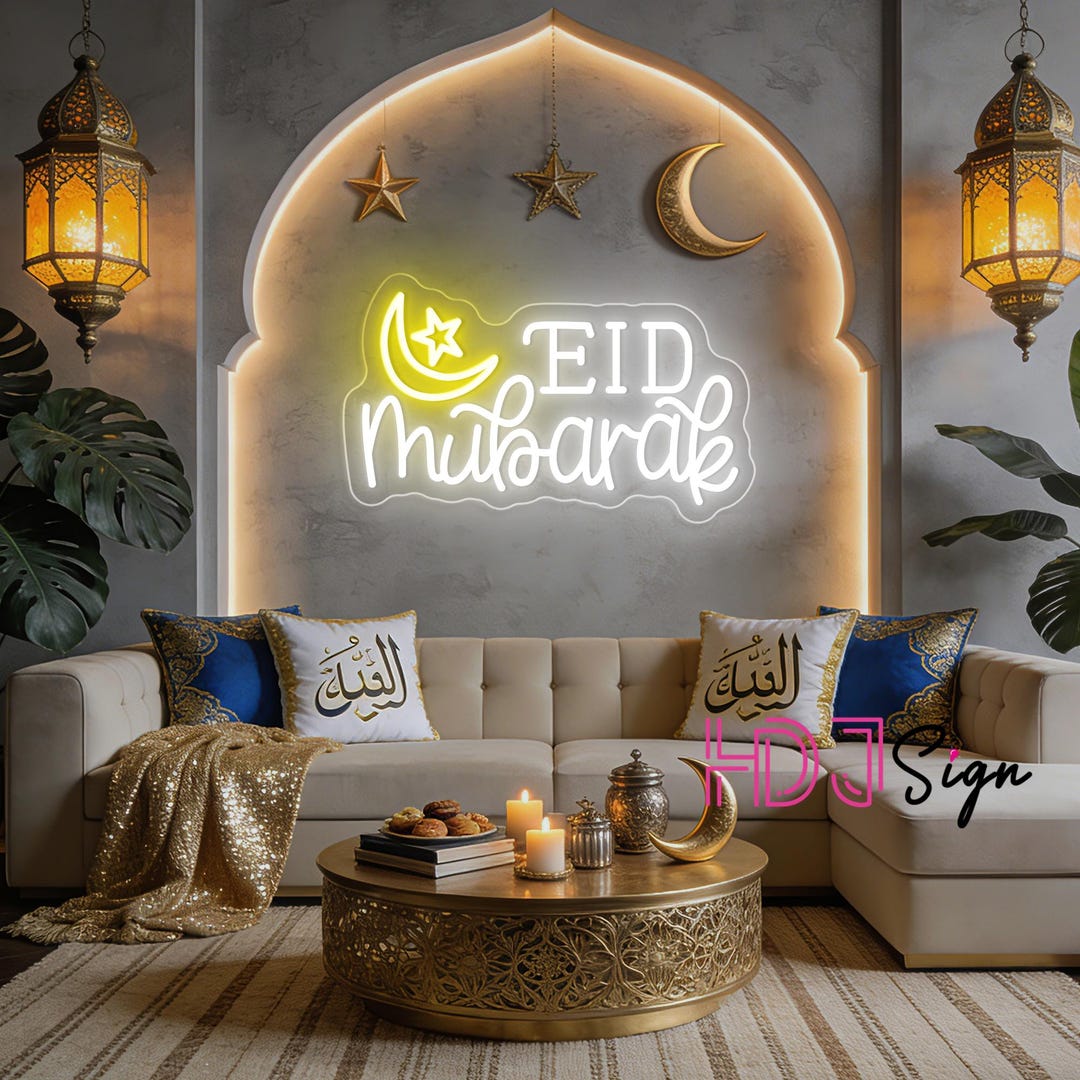 Eid Mubarak Crescent Moon Neon Sign, Custom Ramadan Mubarak Party Decor ...