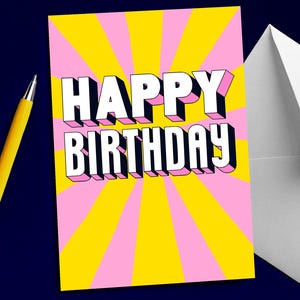 Bold Happy Birthday Card – Bright Yellow and Pink Striped Greeting, Fun Modern Birthday Card for Friends or Family