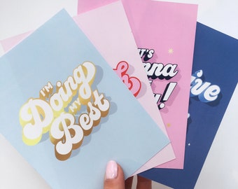 Set of 4 Positive Vibes Postcards | A6 mini print set, affirmation cards, motivational quote postcards, letterbox gift, lettering typography