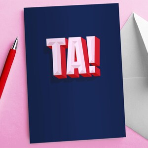 Biglietto d'auguri Ta - Scritta disegnata a mano in 3D rossa e rosa su sfondo blu, biglietto di ringraziamento