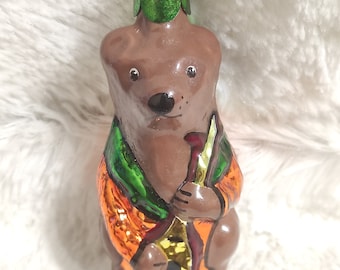 Vintage Glasbjörn Julgransprydnad Spelar Balalaika, Handmålad Djurdekoration