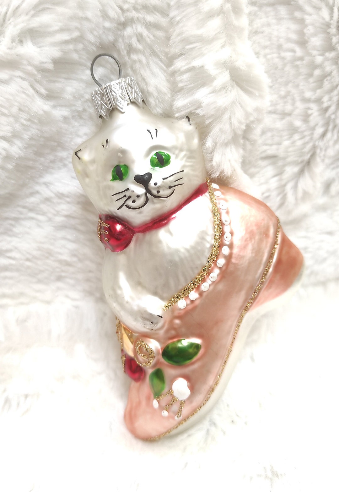 Vintage Funny Glass Christmas Ornament Cat in Shoe Boot Decor Etsy