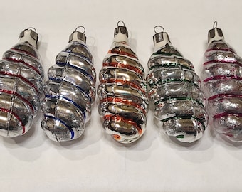 Set of 5 Vintage Retro Silver Glass Ornament Toy mercury glass Christmas Decoration