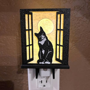 May include: Black and white cat night light with a window frame design. The cat is sitting in front of a full moon. The night light plugs into a standard wall outlet and emits a soft, warm glow.
