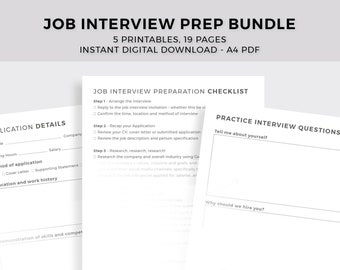 Job Interview Preparation Templates Printables Instant Digital Download Practice Questions Checklist Analysis