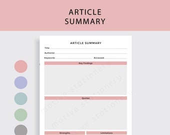 RESEARCH PAPER Student ARTICLE Summary - A4 Pdf Instant Digital Download Literature Review Summary Condenser Template Organiser