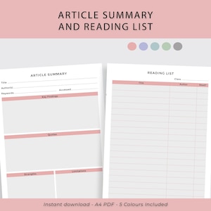 以下が含まれることがあります： 記事の概要と読書リストの印刷可能なテンプレート。テンプレートには、タイトル、著者、キーワード、主要な発見、引用、強み、限界のセクションがあります。また、タイトル、クラス、著者、読んだという列を持つ読書リストのセクションもあります。テンプレートは、白地に薄いピンクの配色です。