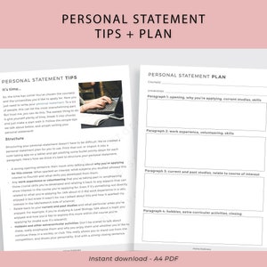 Op de afbeelding: Een printbaar werkblad met tips en een plan voor het schrijven van een persoonlijke verklaring voor universitaire aanmeldingen. Het werkblad bevat secties voor de opening, werkervaring, huidige studies, hobby's en de afsluiting.